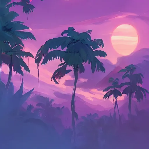 Image similar to tropical jungle, 2 moons in the sky above, purple tinged sky, behance hd artstation by jesper ejsing by rhads, makoto shinkai and lois van baarle, ilya kuvshinov, ossdraws