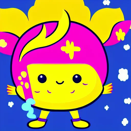 Image similar to kawaii wacky fluffy popcorn with lightning bolt power, yokai, in the style of a mamashiba, with a yellow beak, with a toroidal energy field, with a smiling face and flames for hair, sitting on a lotus flower, white background, simple, clean composition, symmetrical, suitable for use as a logo