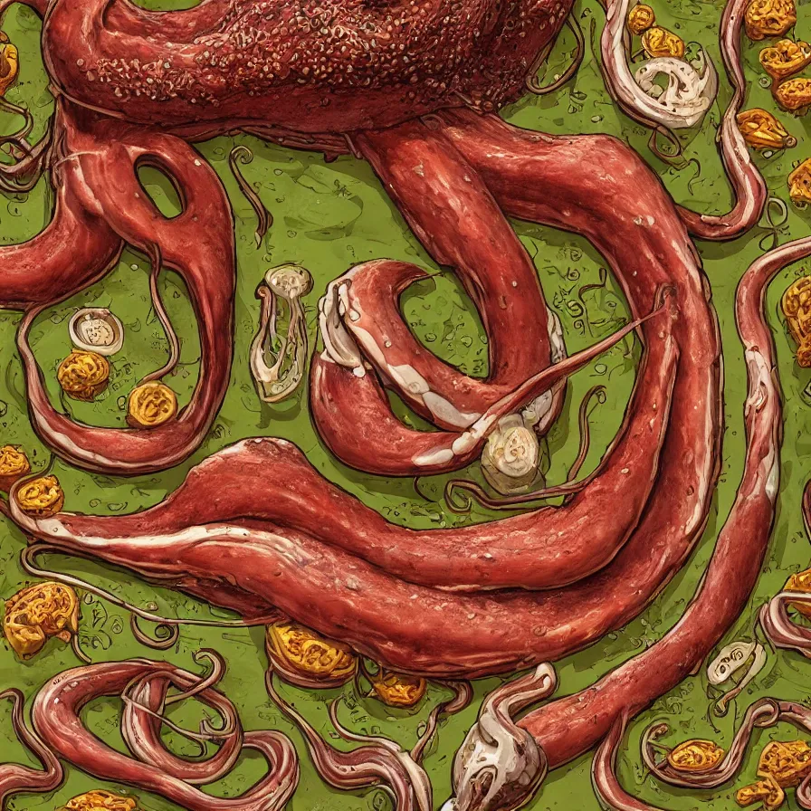 Image similar to a beautiful ultra detailed anatomical illustration of a giant squid holding many burgers, tentacles wrapped around burgers, artstation, 8 k