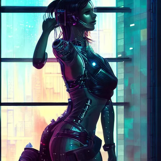 Image similar to portrait of cyberpunk woman looking out of a window, cyberpunk setting, futuristic, highly detailed, intricate lighting, digital painting, sharp focus, illustration, trending on artstation, art by artgerm.