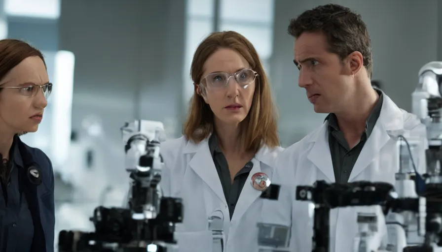 Image similar to big budget action movie about female scientist confronts male ceo about robot photographs