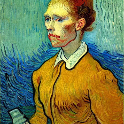 Prompt: a vivid portrait by van Gogh, she is holding a smartphone, oil on canvas, trending on artstation