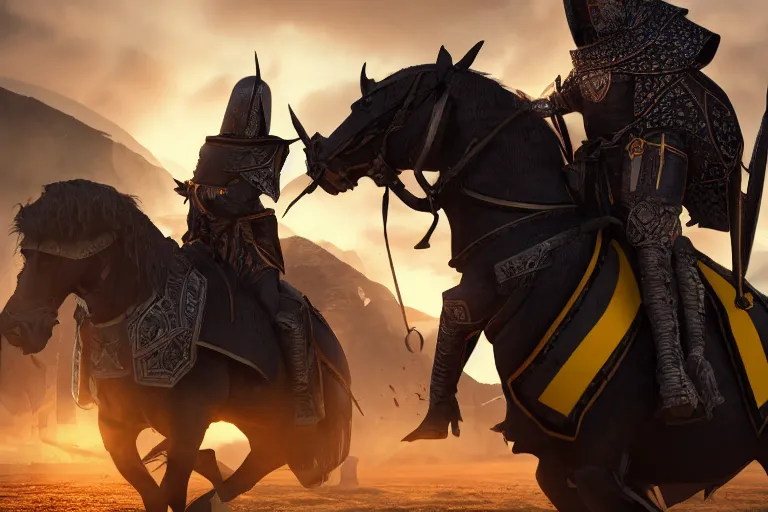 Image similar to A Templar knight, riding a black horse, arriving at a medieval town, with a yellow Uber eats backpack, global illumination, digital art, ue5 render, octane render, almost night, hyper detailed, concept art