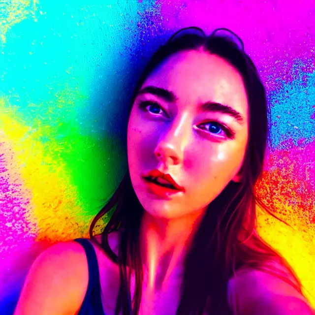 Image similar to a photo hot summer selfie one pretty girl instagram vibecheck face portrait bright colorful space love happy realistic cinematic lighting ultra detailed hyper realism photorealistic octane