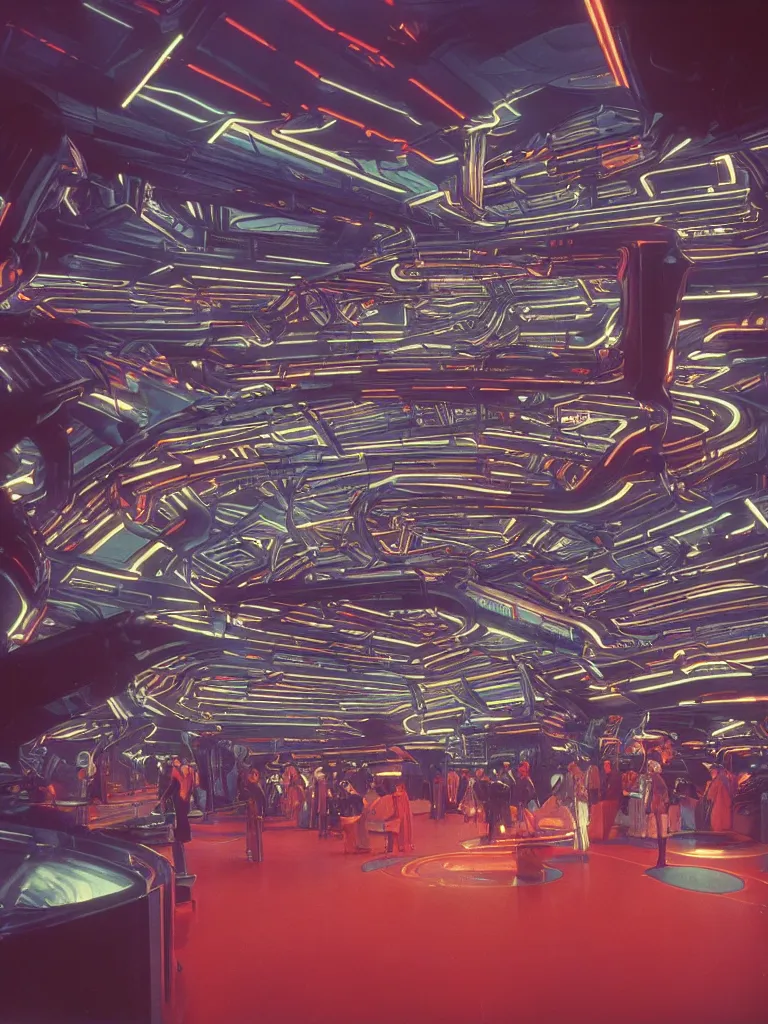 Image similar to kodachrome photo of futuristic interior of a busy spaceport on an alien world, neon lighting and spotlights, intricate film still by stanley kubrick. very coherent symmetrical photograph. cinematic, hyperrealistic, high detail