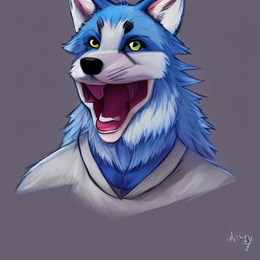 Image similar to an anthro anthropomorphic furry fursona hybrid of a blue german shepherd and a blue fox, with blue fur and blue eyes in a tee shirt, award winning digital art, trending on furaffinity, artstation, pixiv