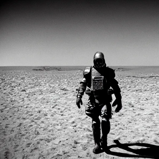 Image similar to a heavily armored man wearing a gasmask walking through a dry ocean, coral trees, film still arriflex 3 5