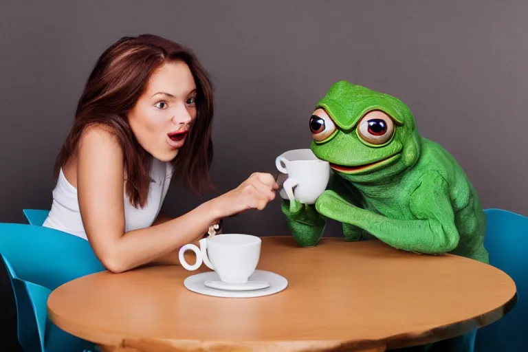 Image similar to girl on a date with pepe the frog drinking coffee, 8 0 s style, studio photo, natural lighting