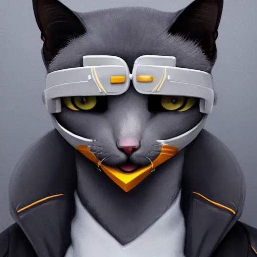 Image similar to Portrait painting an anthropomorphic gray cat wearing a jacket and a collar, as an Overwatch character, medium shot, asymmetrical, profile picture, Organic Painting, sunny day, Matte Painting, bold shapes, hard edges, street art, trending on artstation, by Huang Guangjian and Gil Elvgren and Sachin Teng