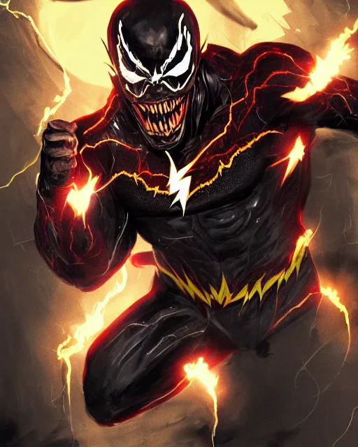 Image similar to venom as the flash, dynamic lighting, fantasy concept art, trending on art station, stunning visuals, creative, cinematic, ultra detailed, terrifying, black lightning, comic strip style