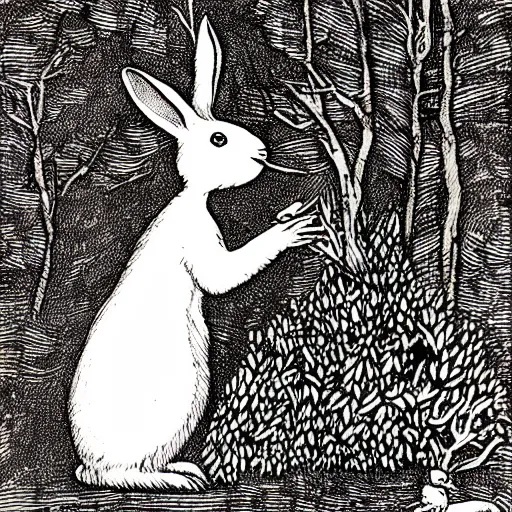 Image similar to drawing of a white bunny smoking a big cigarette in the deep tangled forest, by edward gorey, by gustav dore