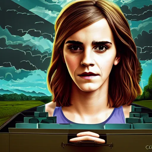 Image similar to a portrait of s sad Emma Watson with tears in her eyes, trying to fit into a shoebox in the middle of the road, highly detailed, digital painting, HDRI, by Casey Weldon, vivid colors, high contrast, intricate