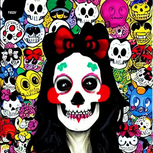 Image similar to portrait painting goofy skull skeleton, hello kitty, comic book, pokemon, highly detailed, art by Singer Sargent and damien hirst