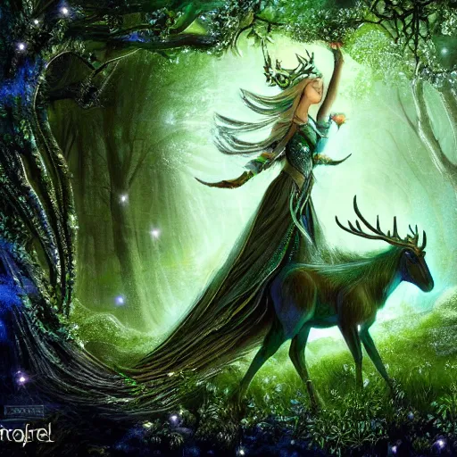 Image similar to beautiful elven celestial stag. beautiful highly detailed forest background. green and blue light. accurate, sci - fi concept art, intricate, elegant, trending on art station 8 k rendering.