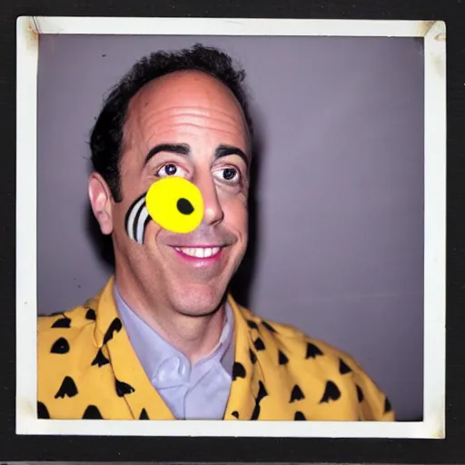 Image similar to jerry seinfeld dressed as a bee, halloween party, polaroid