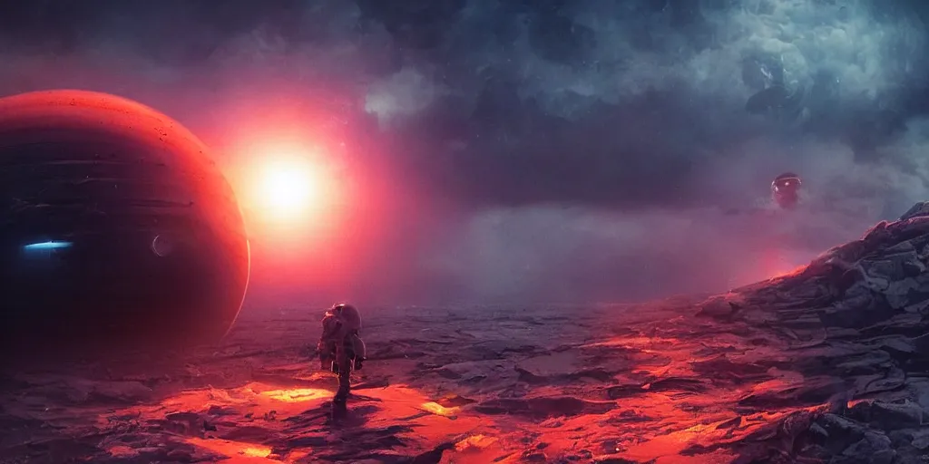 Image similar to astronaut stranded on planet, destroyed ship, exploding planet in the background, impending fear, dystopian, sci - fi, dark, trending on artstation, digital art, fog, sun flare, rain