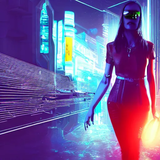 Prompt: a girl wearing a handbag from the future, cyberpunk background, highly detailed, epic lighting, 8 k