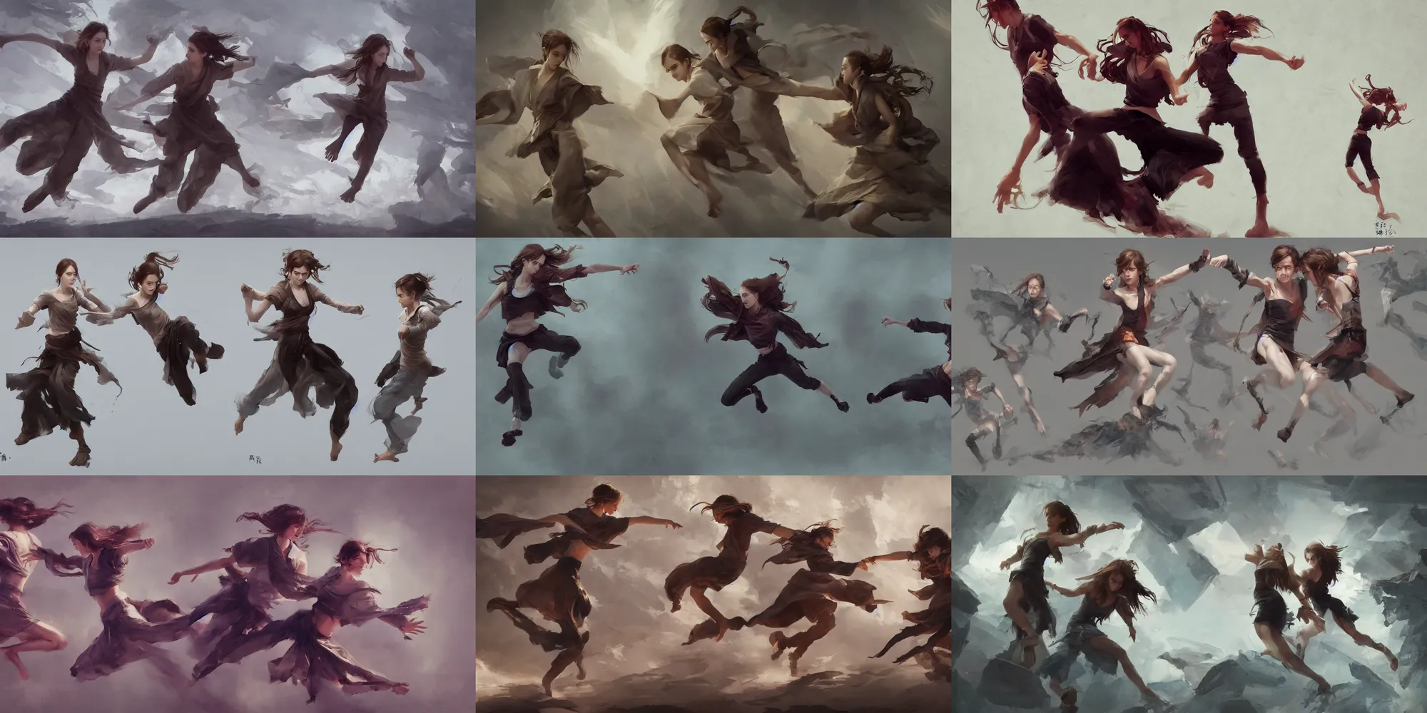 Prompt: emma watson twin sisters action motion poses motion blur taolu jianshu, nanquan, changquan, daoshu, gunshu, qiangshu, nandao and nangun sketch greg rutkowski extreme fractal foreshortening chan buddhism