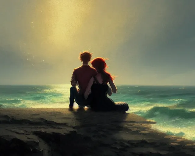 Image similar to couple sitting in front of the ocean, detailed intricate illustration, dark atmosphere, detailed illustration, hd, 4 k, digital art, overdetailed art, by greg rutkowski, by loish, complementing colors, trending on artstation, deviantart