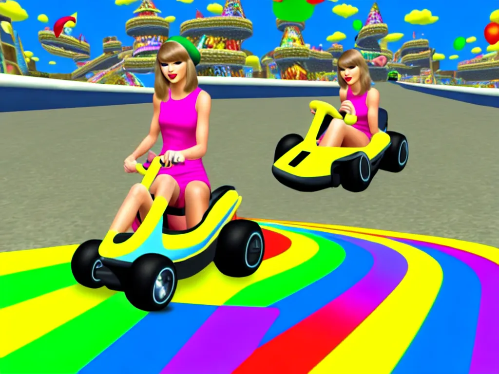 Image similar to taylor swift on rainbow road mario kart wii map retro