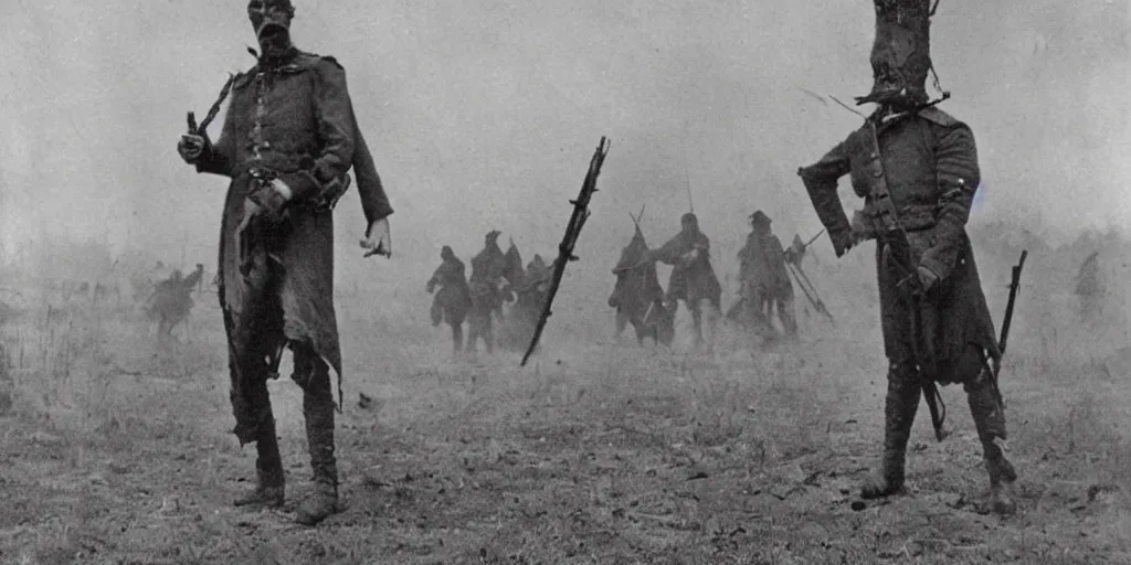 Image similar to scary unproportionable tall ghost creature in the middle of a battlefield, 1900s picture