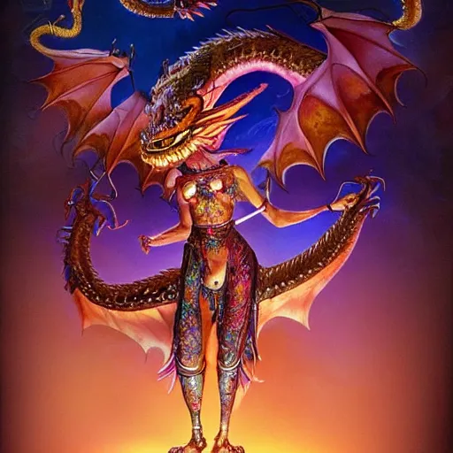 Prompt: photo of a cute female bellydancer dragon with 6 arms, anthropomorphic dragon, dragon face, stunning 3 d render, ultra real, masterpiece, glowing holy aura by roger dean and aleski briclot