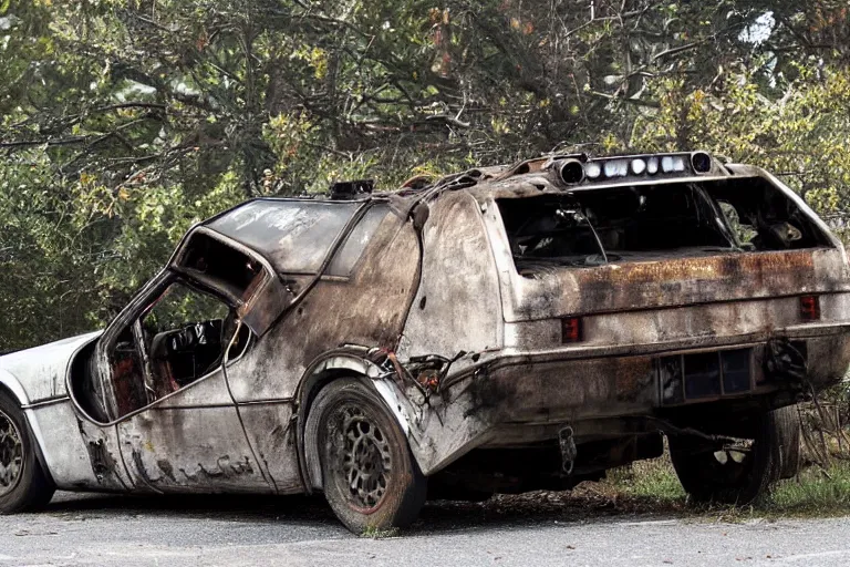 Image similar to rusted, derelict on the back of a tow truck on the road 1 9 2 2 delorean