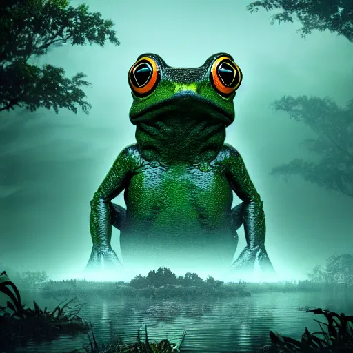Prompt: a frog kaiju in a swamp area, dawn, photo, 80s, artstation, intricate details, 8k