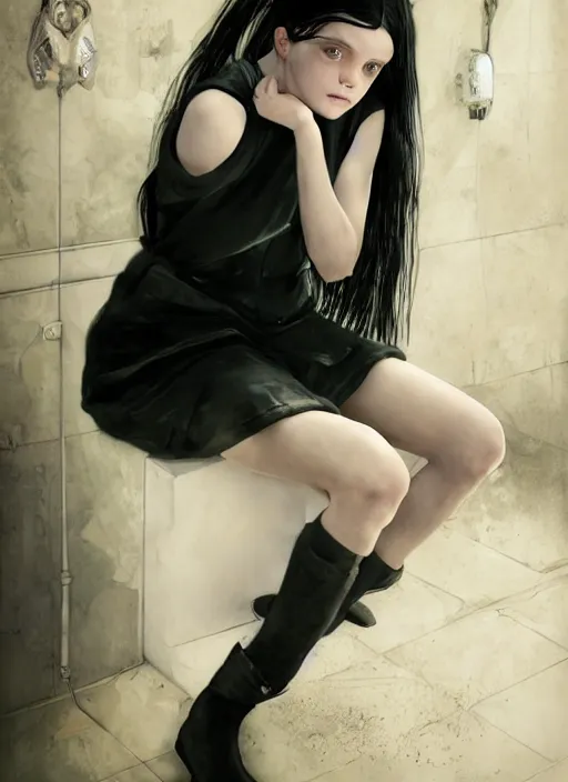 Image similar to a 1 4 year old girl eveline from resident evil 7 with straight long black hair wearing black dress that sitting on bathroom floor, photo for vogue, model エリサヘス s from acquamodels, art by artgem, greg rutkowski and alphonse mucha, render in re engine