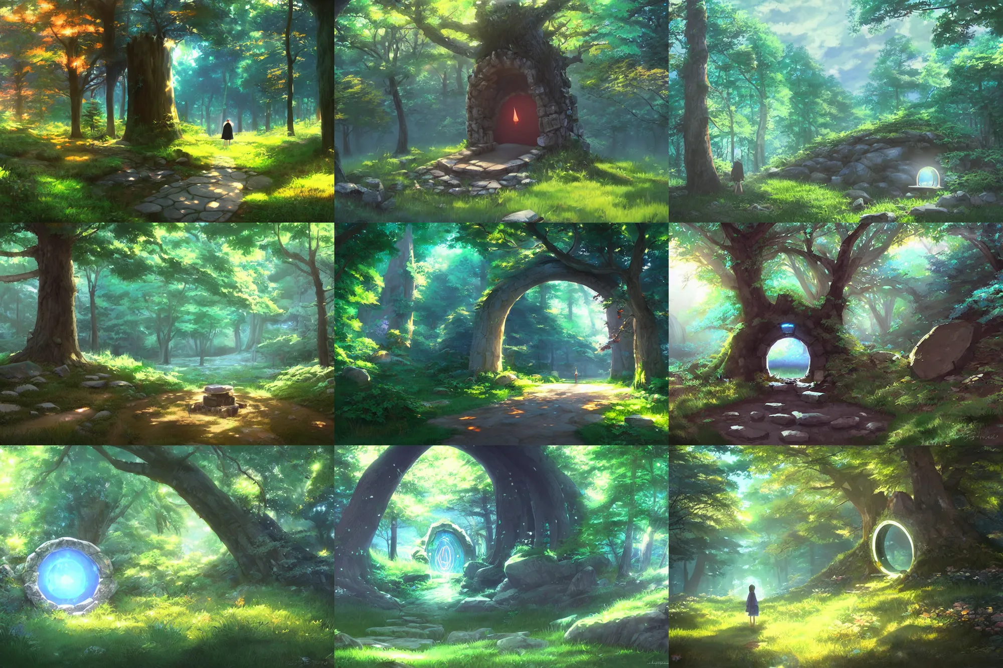 Prompt: Magic stone portal in the forest, painting by Makoto Shinkai