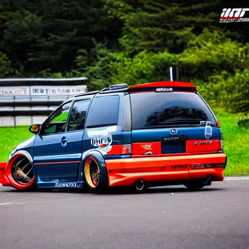 Image similar to 1990s Toyota Sienna with racing tires and racing livery, widebody kit, drifting through nurburgring, photography