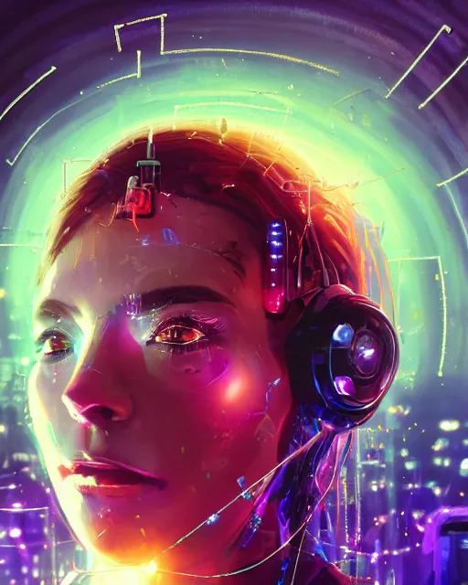 Prompt: a cyberpunk close up portrait of enchanting cyborg athena, electricity, rainbow, sparks, bokeh, soft focus, sparkling, glisten, water drops, cold, dark, geometric, temples behind her, by paul lehr, jesper ejsing