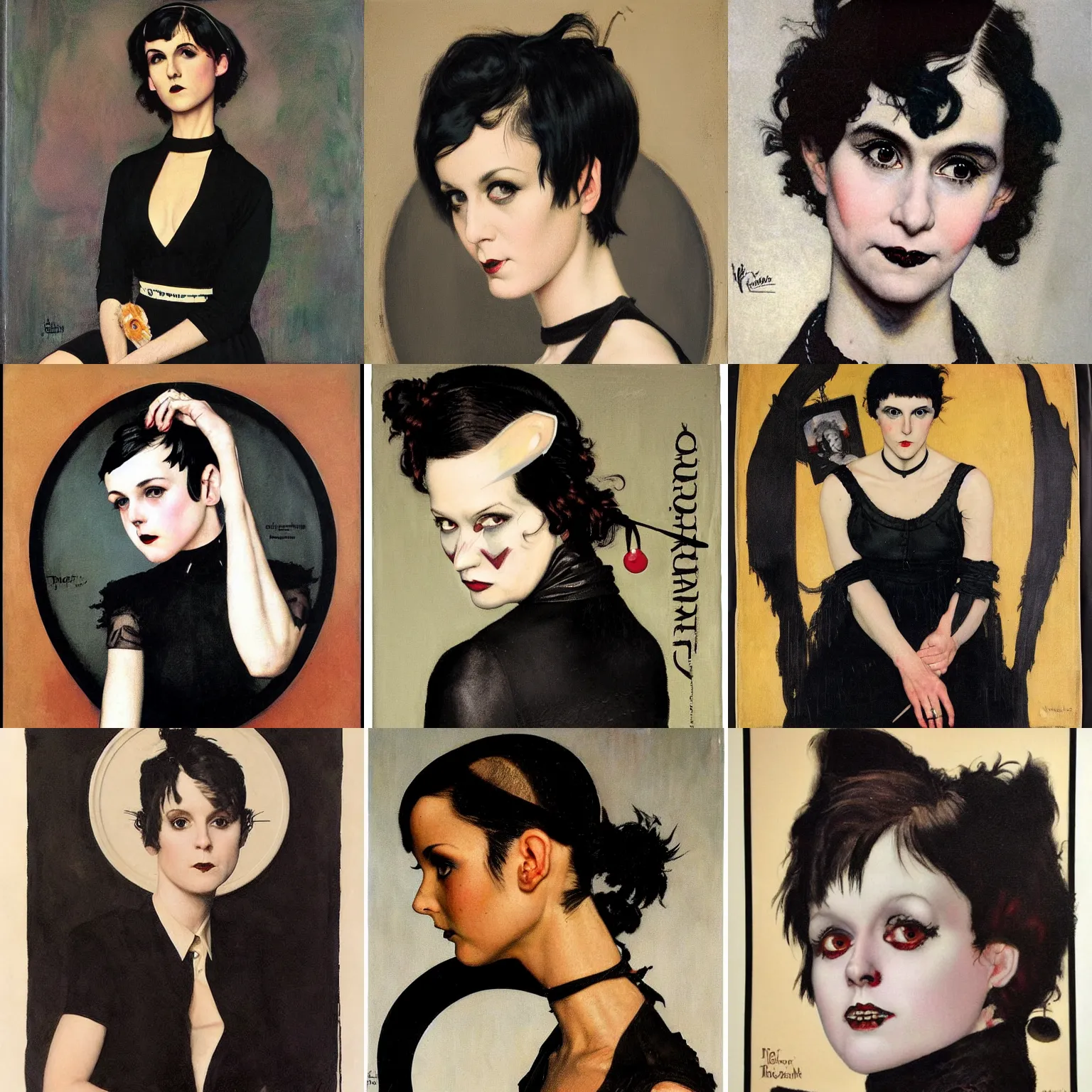 Prompt: A goth portrait painted by Norman Rockwell. Her hair is dark brown and cut into a short, messy pixie cut. She has a slightly rounded face, with a pointed chin, large entirely-black eyes, and a small nose. She is wearing a black tank top, a black leather jacket, a black knee-length skirt, a black choker, and black leather boots.