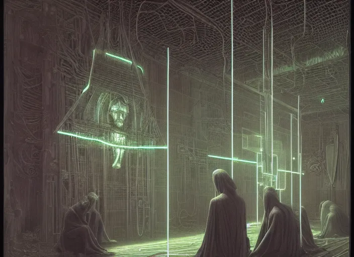 Image similar to satanic ritual, neon, they are watching, RGB, glowing wires everywhere, pristine, by Edgar Maxence and Ross Tran, Zdzisław Beksiński, and Michael Whelan, distant, gustav dore, H.R. Giger, 8k, octane render