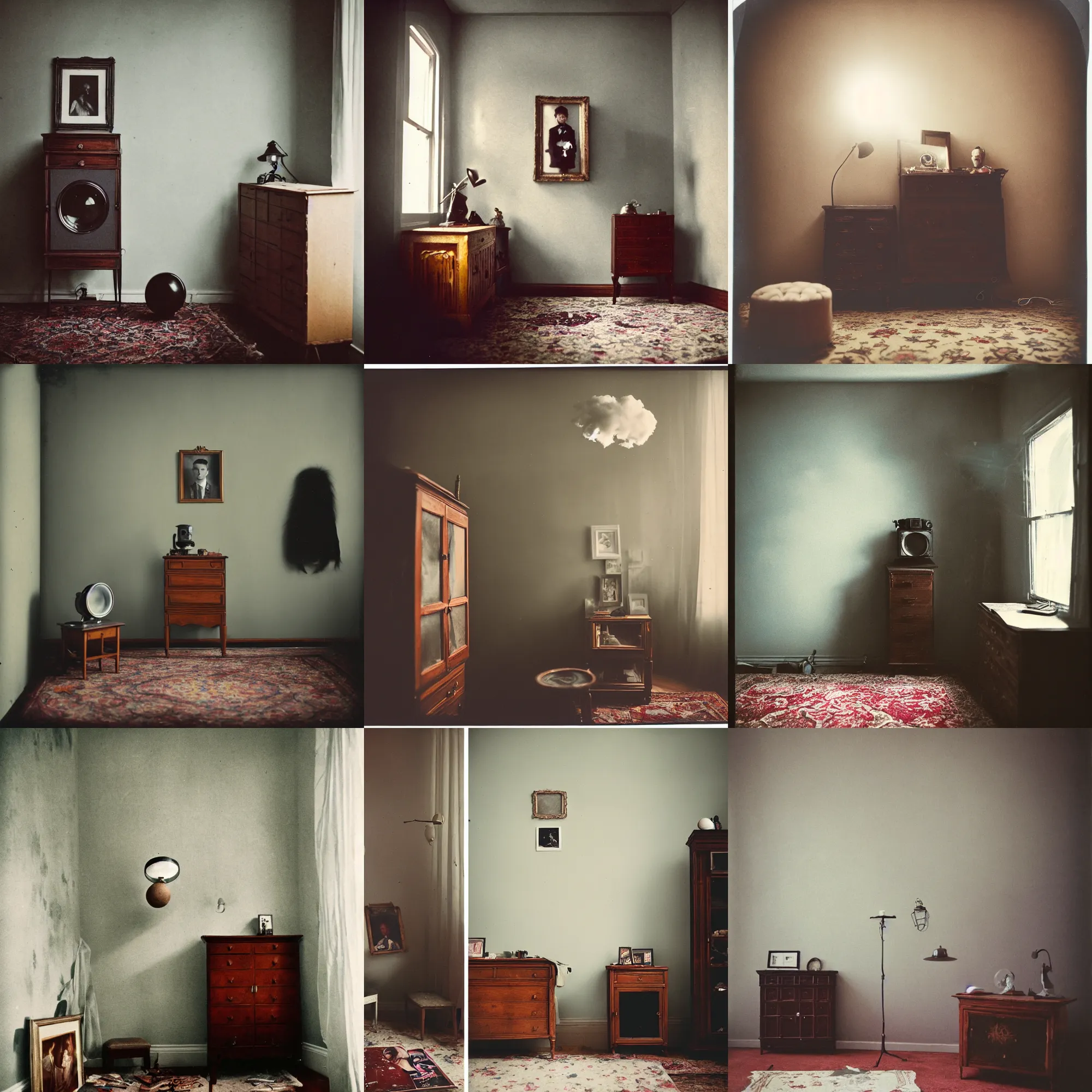 Prompt: kodak portra 4 0 0, wetplate, fisheye, award - winning portrait photo by britt marling, 1 9 2 0 s room, ghost, chaos, messi, picture frames, a cloud, dust, 1 9 2 0 s furniture, wallpaper, carpet, shining lamp, muted colours, wood, fog,