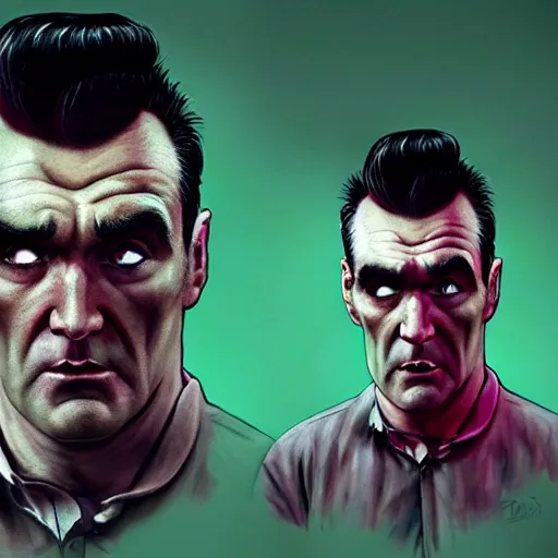Image similar to portrait of a handsome morrissey as a zombie with cuts and with a large quiff and thick eyebrows, 7 days to die zombie, fine art, award winning, intricate, elegant, sharp focus, cinematic lighting, digital painting, 8 k concept art, art by z. w. gu, art by brom, art by michael hussar, 8 k
