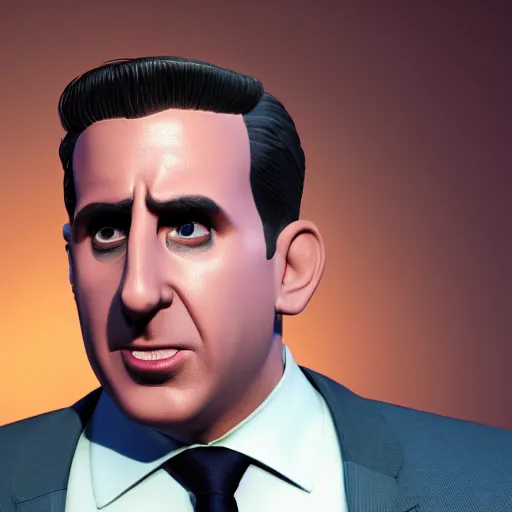 Image similar to hyperdetailed 3 d cartoon render of michael scott in a confident expressive pose, white background, low angle shot, cinematic studio lighting, studio quality, octane render, unreal engine 5, trending on artstation, 8 k