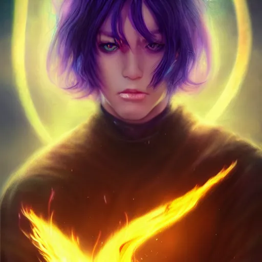 Image similar to rimuru tempest from tensura holding purple fire in his palm, with amber eyes of golden colored eyes, straight hair, sky blue hair, long bangs, gothic attire, regal attire, concept art, award winning photography, digital painting, cinematic, wlop, 8 k, by ross tran, tom bagshaw, andy warhol