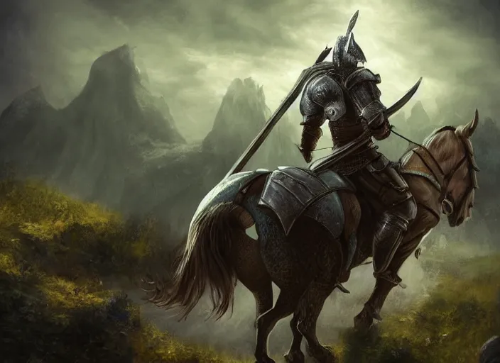 Image similar to knight on horseback, fantasy art, very detailed, beautiful, dark souls, lush landscape, trending on artstation, pixiv