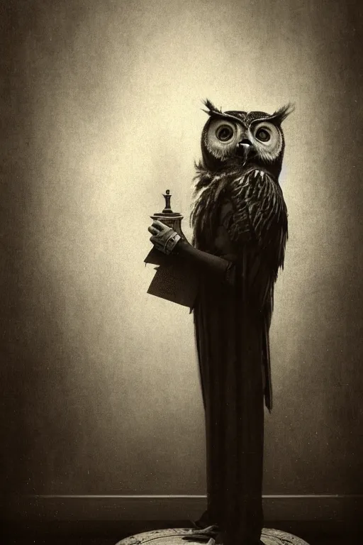 Image similar to wet plate photograph of an anthropomorphic owl standing alone in the waiting room of a victorian - era brothel, dramatic lighting, highly detailed, digital painting, artstation, concept art, smooth, sharp focus, illustration, art by wlop, mars ravelo and greg rutkowski