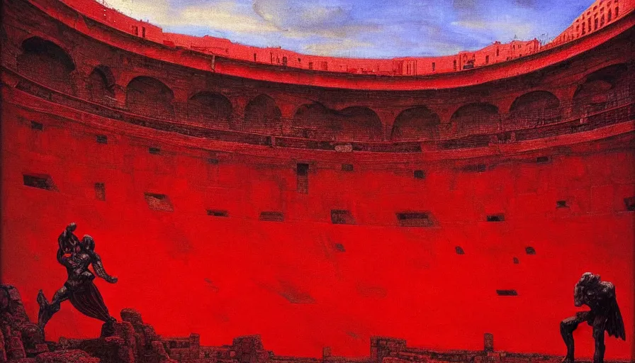 Image similar to only with red, a red gladiator in a crowded roman amphitheatre, crowd cheers him, in the style of beksinski, parts by edward hopper, parts by rodcenko, parts by yue minjun, intricate and epic composition, red by caravaggio, insane quality, highly detailed, masterpiece, red light, artstation