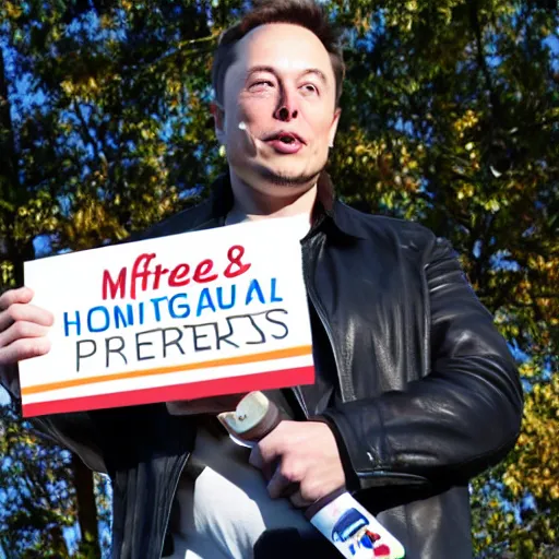 Image similar to Elon Musk holding a sign saying Free Hotdogs, highly detailed, high quality, HD, 4k, 8k, Canon 300mm, professional photographer, 40mp, lifelike, top-rated, award winning, realistic, sharp, no blur, edited, corrected, trending