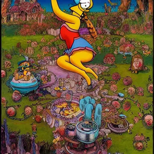 Prompt: homer simpson in alice in wonderland tripping on lsd, intricate detail, painting, royo, frazetta, whealan,