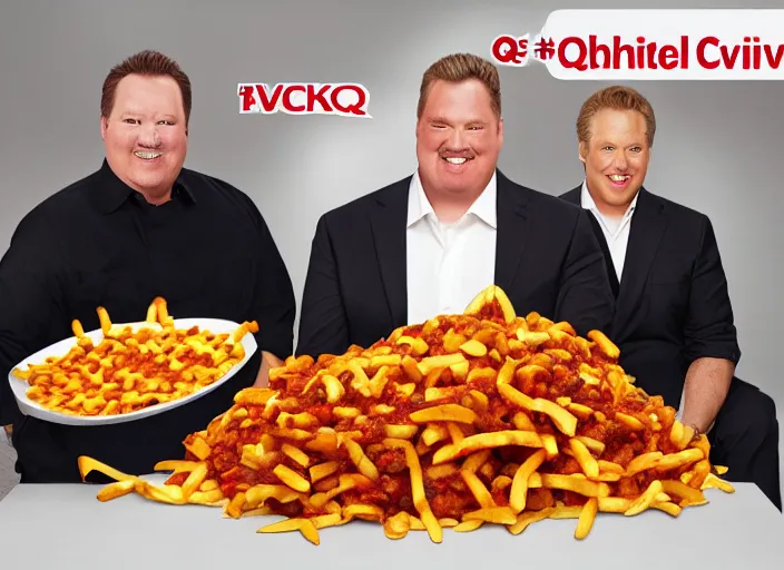 Image similar to qvc tv show product showcase pile of nasty chili cheese fries, chunky fat sales men, studio lighting, limited time offer, call now, extremely detailed, horror, 4 k, hd