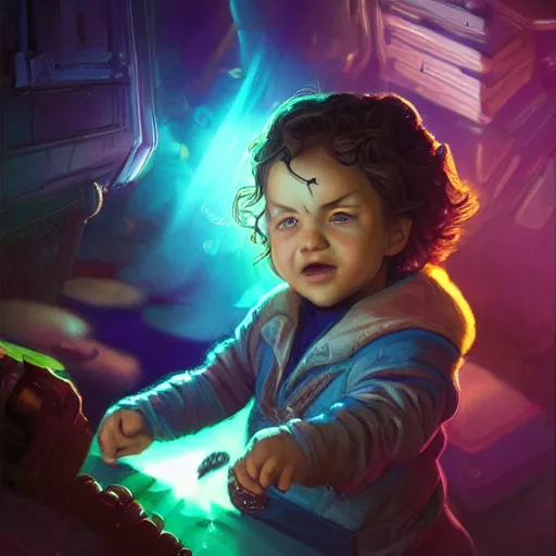 Image similar to a stylized portrait of a powerful baby with wavy brown hair and green eyes as an angry scientist, stylized, arcane magic, blue and purple vapor, neon color, vivid color, lens flare, volumetric light from below, background by justin gerard, hyperdetailed concept art by Ross Tran and Greg Rutkowski, high quality DnD illustration, trending on ArtStationHQ, 8k