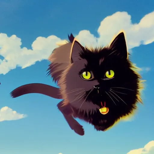 Image similar to a wholesome animation key shot of a black cat! looking a biplane! in the sky, medium shot, studio ghibli, pixar and disney animation, sharp, rendered in unreal engine 5, anime key art by greg rutkowski, bloom, dramatic lighting