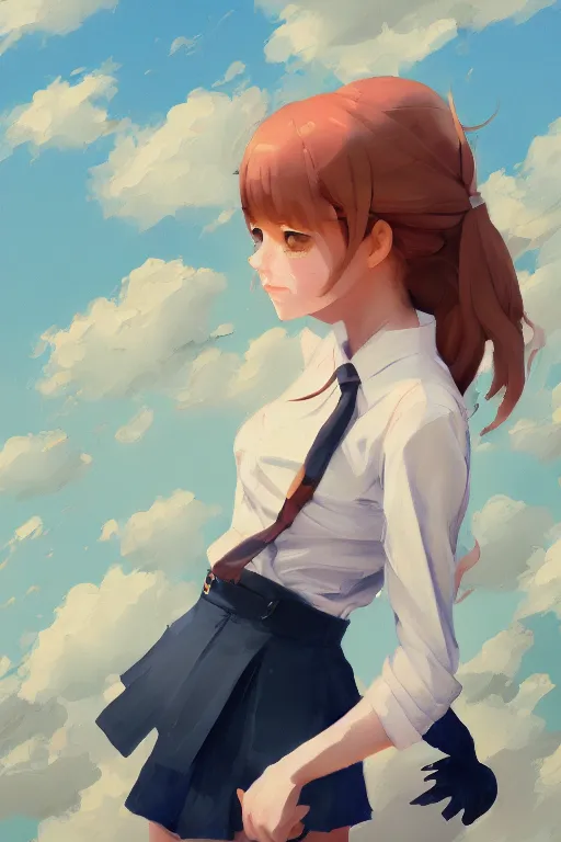 Image similar to gouache of a cute girl wearing school uniform standing on the edge of the roof of a tall building, delicate face, 8 k wallpaper, strong brush stroke, very high detailed, sharp focus, illustration, morandi color scheme, art station, by krenz cushart