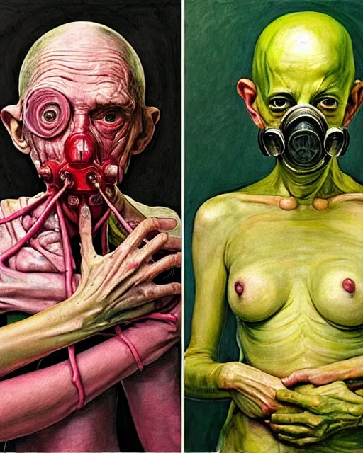 Image similar to two skinny old people with extra limbs, wearing gas masks, bodies wrapped in robes of gold, green and pink, during a biohazard apocalypse, cinematic, dystopian, eerie, horror, gothic, highly detailed painting by Jenny Saville, Esao Andrews, Francis Bacon, !!!Edward Hopper!!! surrealism, art by Takato Yamamoto and !!!James Jean!!!