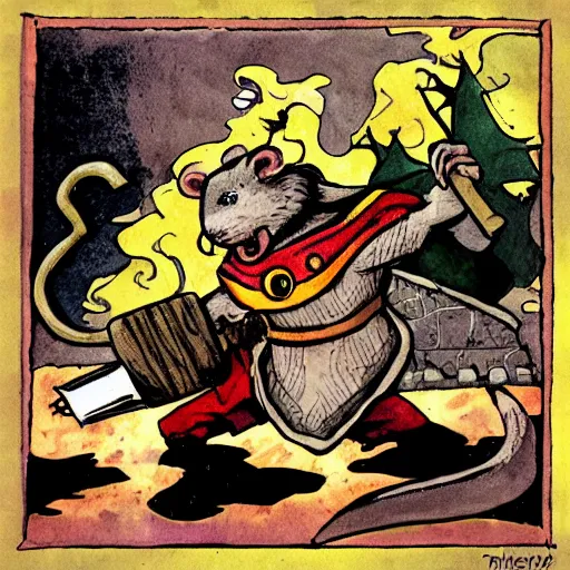 Image similar to the rat thor ~ holding his hammer ~ dramatic thunder background ~ fighting scene ~