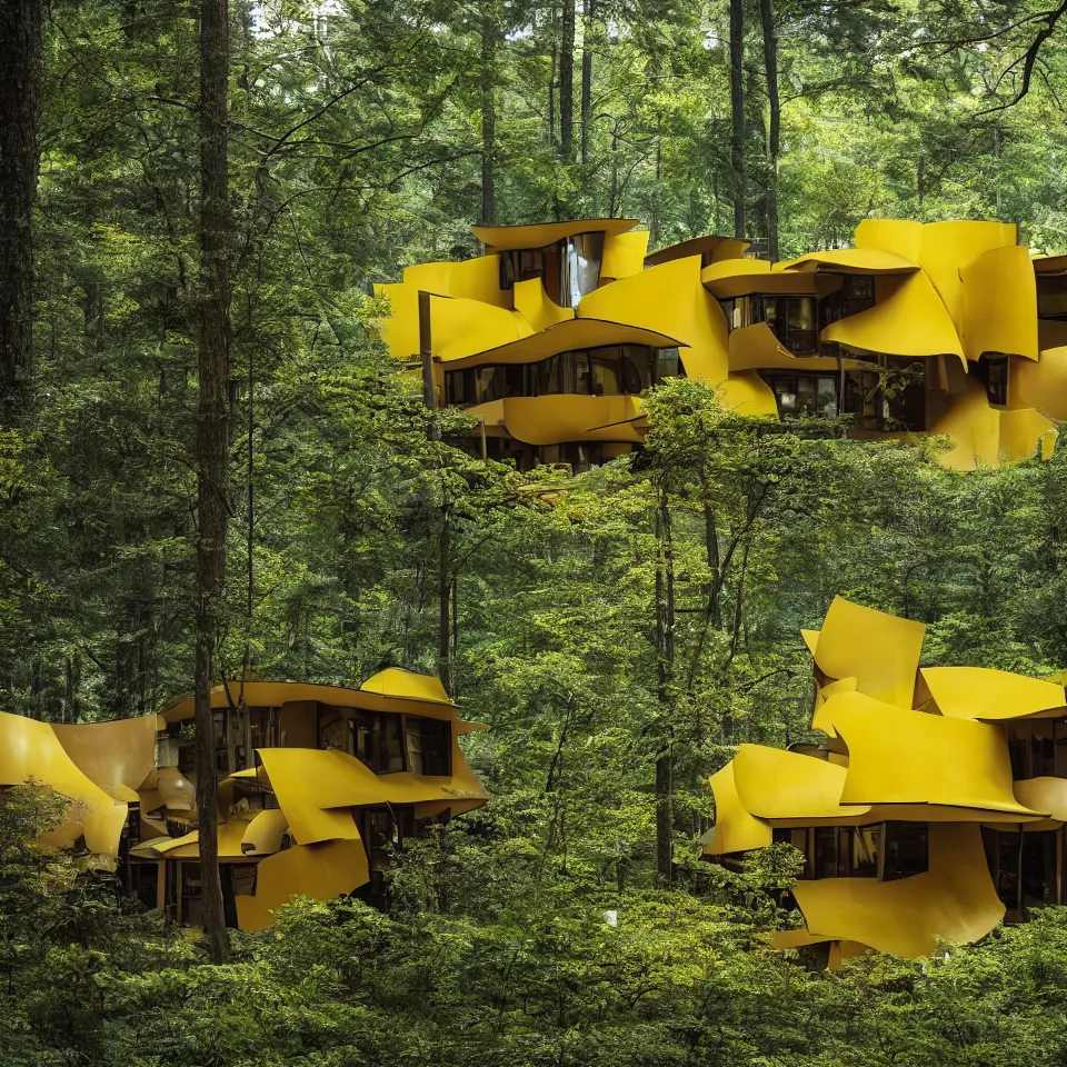 Prompt: architecture ad for a flat mid-century modern house in the forest, designed by Frank Gehry. Film grain, cinematic, yellow hue